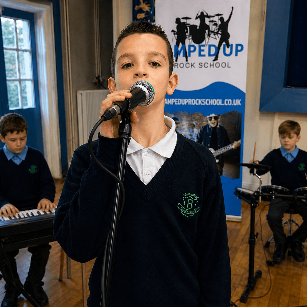 Student singing into a microphone during a school band session
