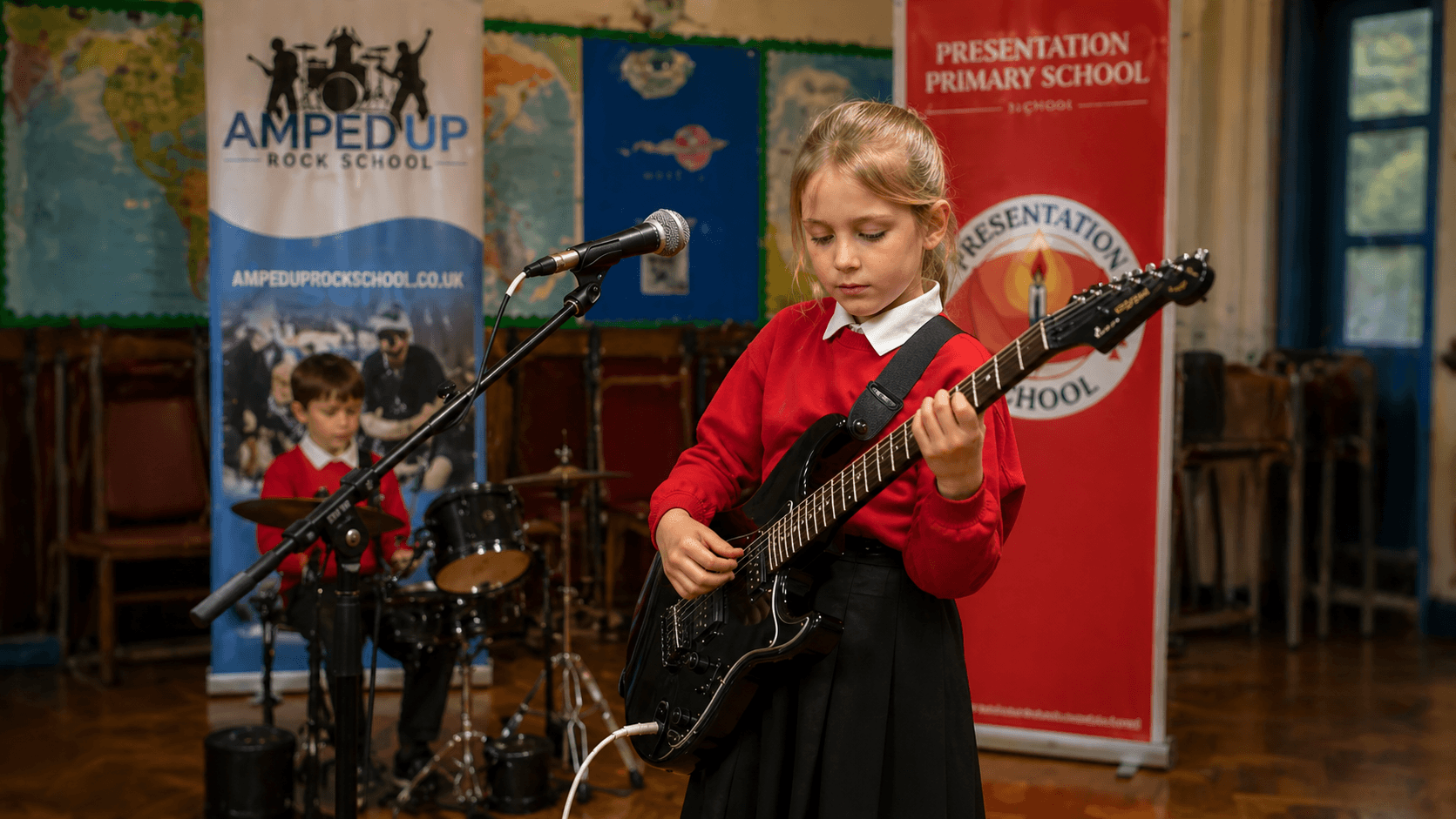 Young student in a red jumper playing electric guitar at Presentation Primary School, with a drummer behind, beneath an Amped Up Rock School banner.