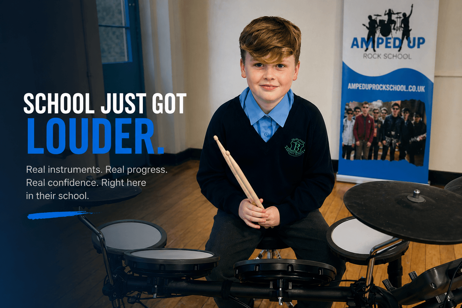 Student at a drum kit during a school band session, a normal Tuesday.